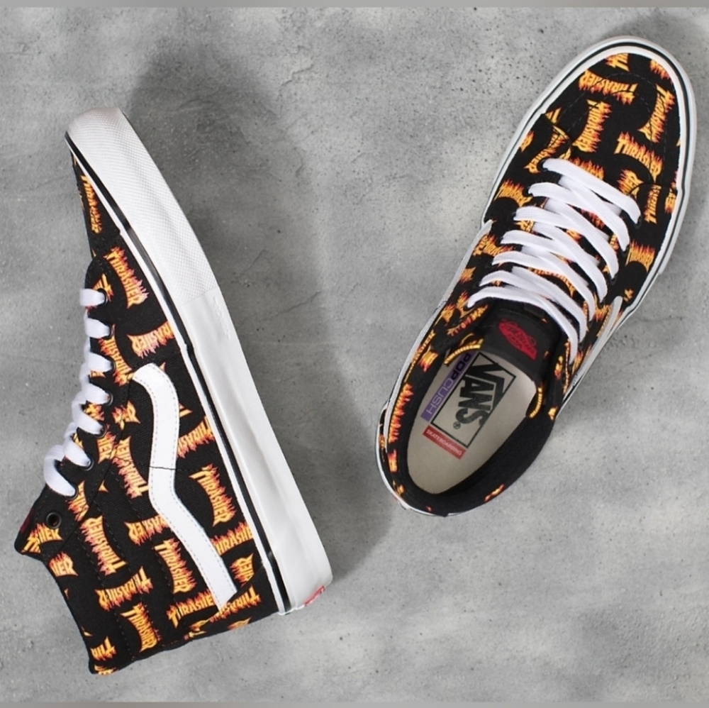 Vans Thrasher Skate Sk8 Hi Men Logo Flame Black new Popcush Pro  092025 - Picture 2 of 8